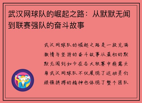 武汉网球队的崛起之路：从默默无闻到联赛强队的奋斗故事
